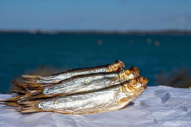 Smoked sprattus or sprats sea fish served outdoor with view on blue sea water ready to eat - Photo, Image