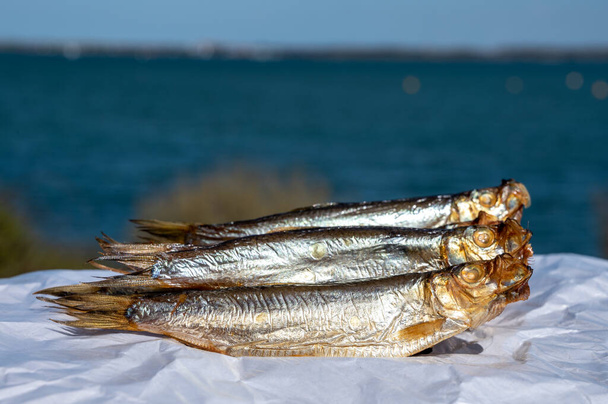 Καπνιστό σπράττους ή σαρδελόρεγγες θαλασσινό ψάρι σερβίρεται σε εξωτερικό χώρο με θέα στο γαλάζιο θαλασσινό νερό έτοιμο για κατανάλωση - Φωτογραφία, εικόνα