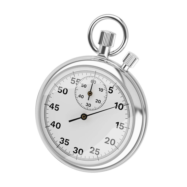 Classico cronometro meccanico analogico metallizzato cromato isolato su sfondo bianco. Illustrazione rendering 3d. - Foto, immagini