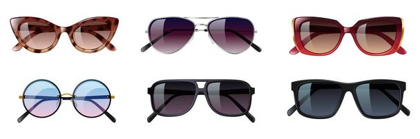 Set di occhiali da sole, diversi occhiali alla moda per la protezione dal sole. Moderno design di occhiali hipster - Vettoriali, immagini