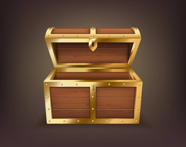 Empty treasure chest, realistic wooden box, open casket isolated. Old trunk for gold or jewelry - Vector, afbeelding