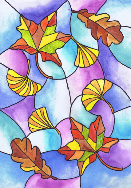 Autumn leaves. Stained glass sketch. Child's drawing - Photo, Image