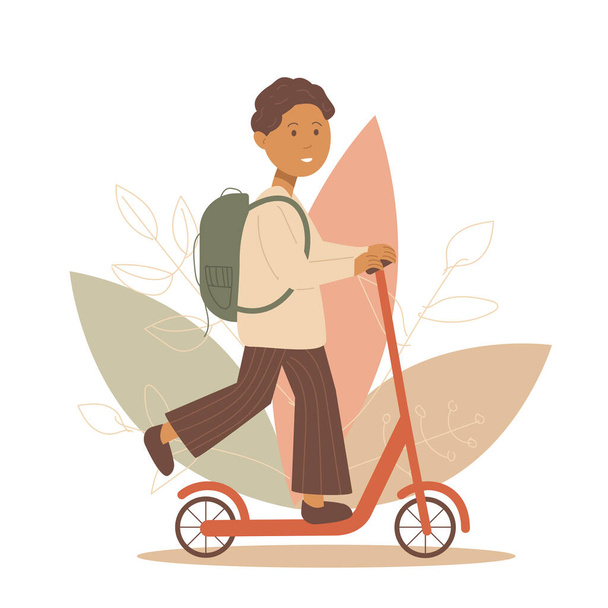 Torniamo a scuola. Uno studente che va a scuola con uno scooter. Illustrazione vettoriale piatto - Vettoriali, immagini