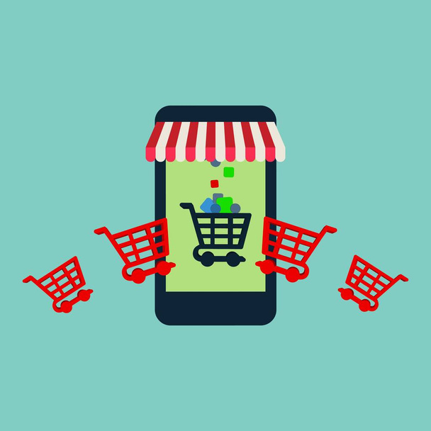 Shopping Online su Sito Web o Mobile Application Vector Concept Marketing e Digital marketing. Vista orizzontale. - Vettoriali, immagini