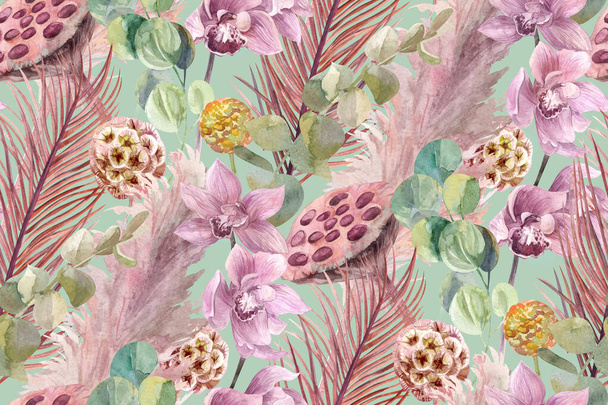 aquarelle motif tropical sans couture avec herbier de fleurs séchées avec fleur d'orchidée et branches de palmier sec - Photo, image