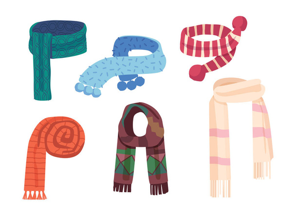 Set di sciarpe in tessuto e maglia di diverso design e colori. Fazzoletti colorati isolati su sfondo bianco - Vettoriali, immagini
