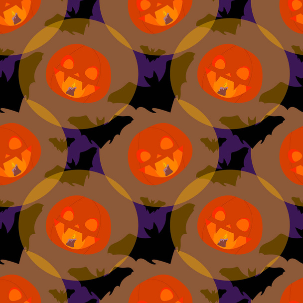 Carved pumpkin with candles. Seamless vector pattern with  jack'o'lantern  and bats on a dark purple background. Halloween illustration. - Vettoriali, immagini