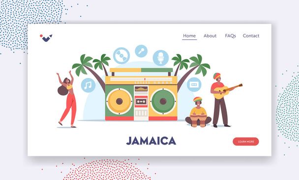 Jamaika İniş Sayfası Şablonu. Reggae Partisi, Müzik Festivali. Tiny Rasta Erkek Karakterler Kostüm Dansı - Vektör, Görsel