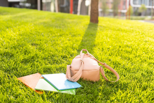 Sırt çantası ve kitaplar çimenlerin üzerinde yatıyor.. - Fotoğraf, Görsel