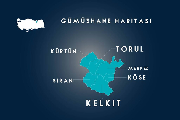 Distritos de Gumushane kelkit, siran, kose, kurtun, mapa torul, Turquía - Vector, imagen
