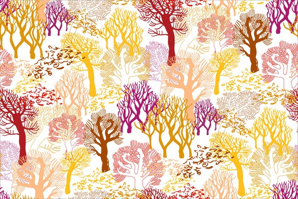 Colored autumn landscape with bare trees on white background. - Vector, afbeelding