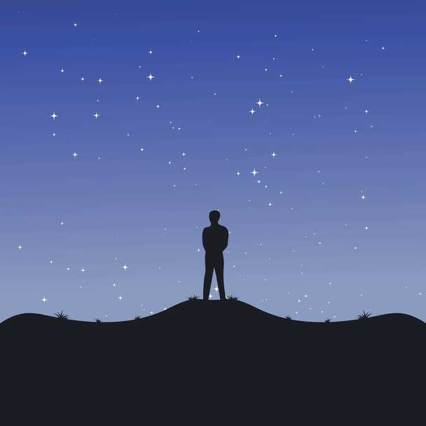 mies seisoo yksin mäellä yöllä vektori kuva tausta suunnittelu malli - Vektori, kuva