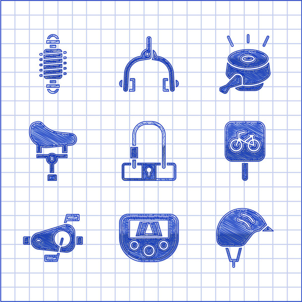 Set Bloqueio de bicicleta, dispositivo Gps com mapa, capacete, estacionamento, pedais, assento, sino e ícone de suspensão. Vetor - Vetor, Imagem