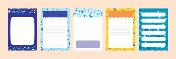 Set collection of colorful blank memo note file file document diary book template layout with abstract terrazzo seamless pattern. Современная минималистическая модная абстрактная векторная иллюстрация. - Вектор,изображение