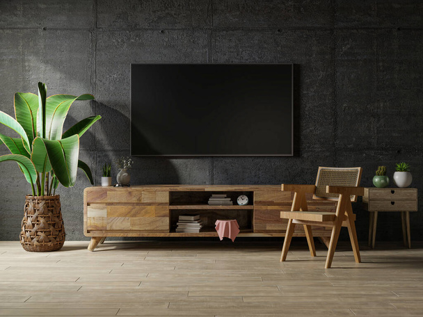 Loft tér üres szoba TV-vel és szekrény sötét beton belső hátter.3d renderelés - Fotó, kép