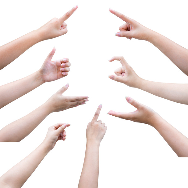 geïsoleerde vrouwelijke hand aanraken of wijst naar iets met uitknippad - Foto, afbeelding