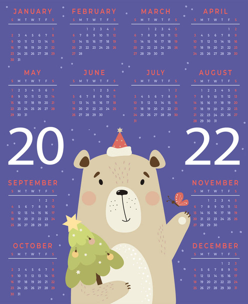 Calendar for 2022 with Cute bear Santa and Christmas tree On purple background. Vector illustration. Vertical calendar template A3 for 12 months in English. Week starts From sunday - Vector, Image