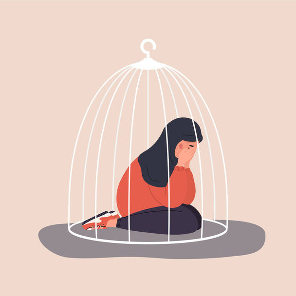 Mujer musulmana encerrada en una jaula. Adolescente triste sentado en el suelo y llorando. Concepto de aislamiento social. Movimiento de empoderamiento femenino. Violencia en la familia. Ilustración vectorial en estilo de dibujos animados - Vector, Imagen