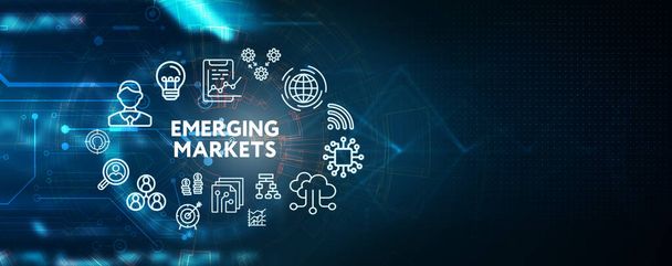 Zakelijk, Technologie, Internet en netwerkconcept. virtueel scherm van de toekomst en ziet de inscriptie: Emerging markets - Foto, afbeelding