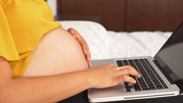 A closeup shot of a pregnant female sitting on the couch and working on laptop - Photo, image