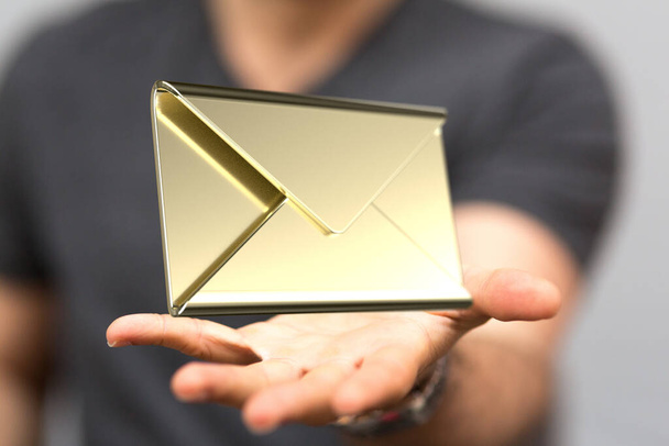 Тривимірний візуалізований конверт тримається на долоні людини
 - Фото, зображення