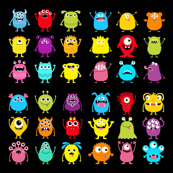 Monster icon super big set. Happy Halloween. Cute cartoon kawaii baby character. Funny head face colorful silhouette. Eyes horn teeth fang tongue. Hands up, down. Flat design. Black background. Vector - Vetor, Imagem