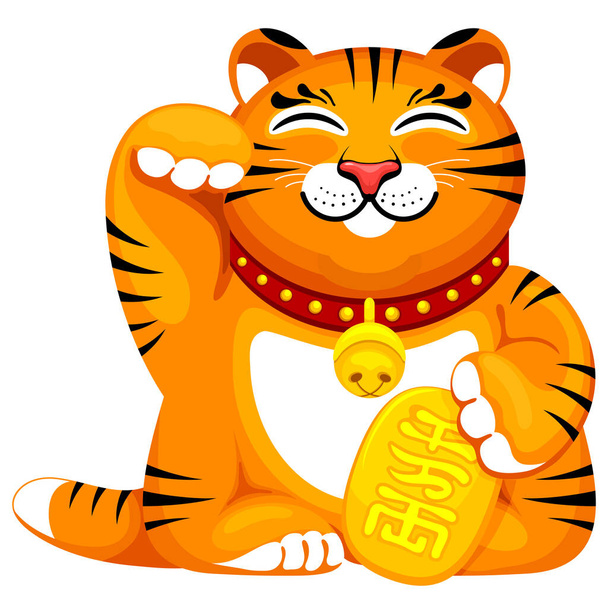 Maneki neko onnekas keraaminen hahmo tiikeri kohollaan oikealla tassu. Maskotti 2022 Uusi vuosi menestykseen, vaurautta. Käännös tuo vaurautta. Vektoriesimerkki. - Vektori, kuva