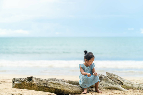 A scenic view of a Southeast Asian little kid sitting on a wooden surface on the beach - Foto, Imagem