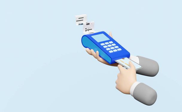 платежный автомат или терминал POS с предпринимателем, держащим в руках кредитную карту, электронную оплату счета, счет-фактуру или бумажную квитанцию, изолированную на синем фоне, 3D иллюстрацию или 3D рендеринг - Фото, изображение