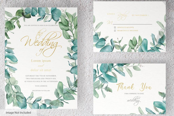 conjunto de projeto de modelo de cartão de convite de casamento verde com folhas de eucalipto - Vetor, Imagem