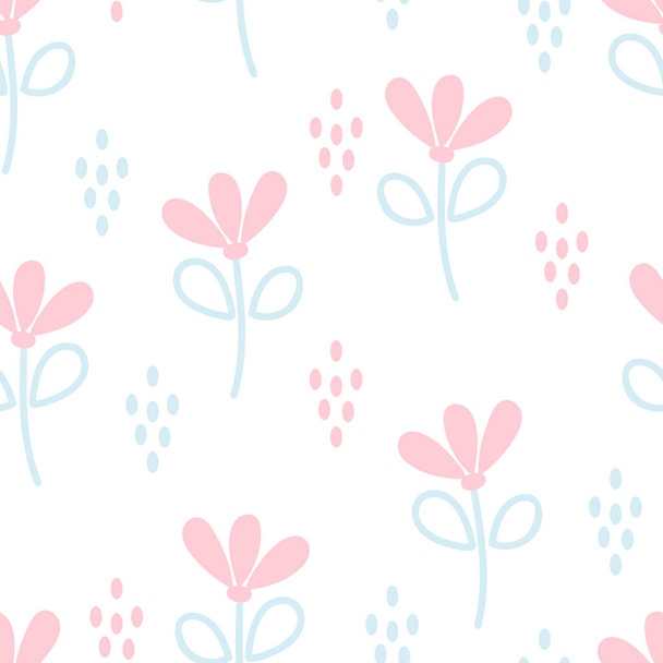 Seamless cute pattern with flowers and dots vector illustration. Delicate pastel floral background. Template for wallpaper, wrapping, fabric, nursery and design. - Vector, Image