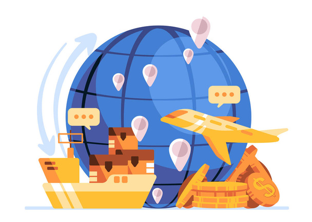 globe bleu avec icône du transport maritime, avion, devise dollar, le commerce mondial entre les pays font la guerre du commerce tarifaire - Vecteur, image