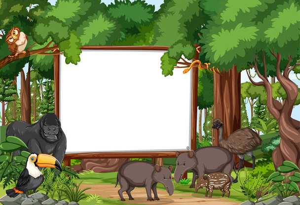Prázdný prapor ve scéně deštných pralesů s ilustrací divokých zvířat - Vektor, obrázek