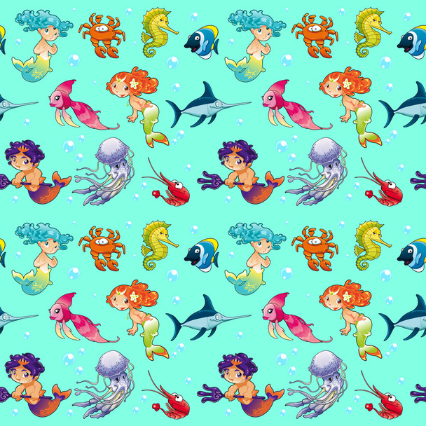 Deniz kızları ve arka plan ile komik deniz hayvanları.  - Vektör, Görsel