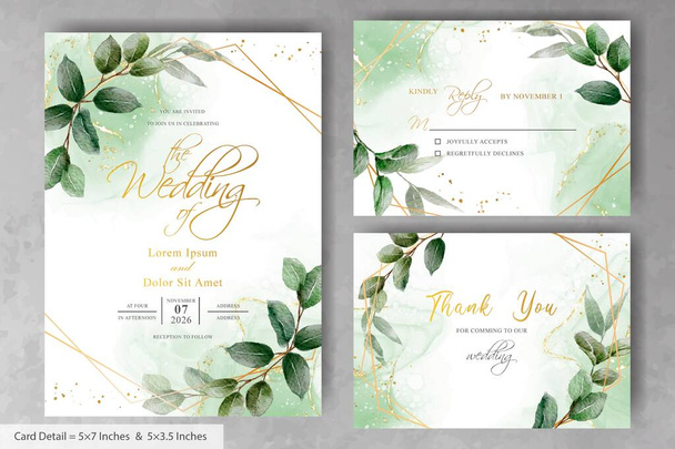 Invitación a la boda con hojas dibujadas a mano y fondo de salpicadura de acuarela - Vector, imagen