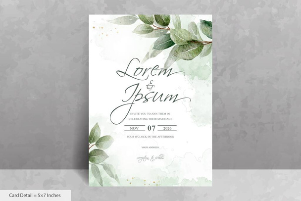 Greenery Hochzeitseinladung mit handgezeichneten Blättern und Aquarell-Spritzhintergrund - Vektor, Bild