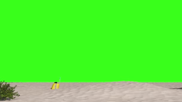 Animación de unas vacaciones de playa en blanco en una pantalla verde. arena de playa en la que aparece un paraguas, una tumbona, zapatillas, una palmera y una maleta de viaje.  - Metraje, vídeo