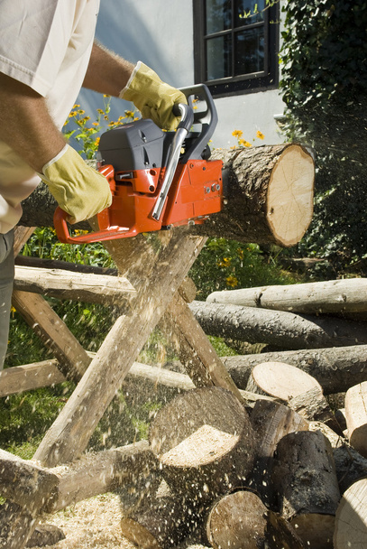 La tronçonneuse coupant le tronc de bois
 - Photo, image