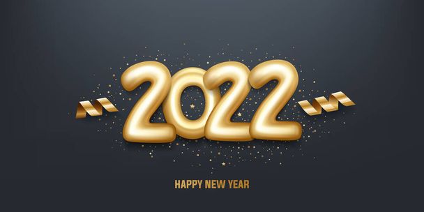 Hyvää uutta vuotta 2022. Golden 3D ilmapallo numerot konfetti mustalla taustalla. Loma-onnittelukortin suunnittelu. Vektoriesimerkki. - Vektori, kuva