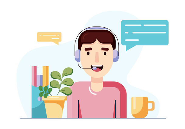 Concepto de asistente en línea, centro de llamadas o soporte en línea, gerente masculino hablando con el cliente a través de auriculares. Ilustración vectorial en un estilo plano. - Vector, imagen