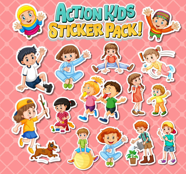 Set of stickers design with kids doing different activities illustration - Vector, Image