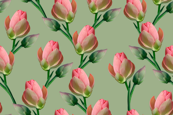 Patrón sin costuras con flores de loto rosa sobre un fondo verde. - Foto, Imagen