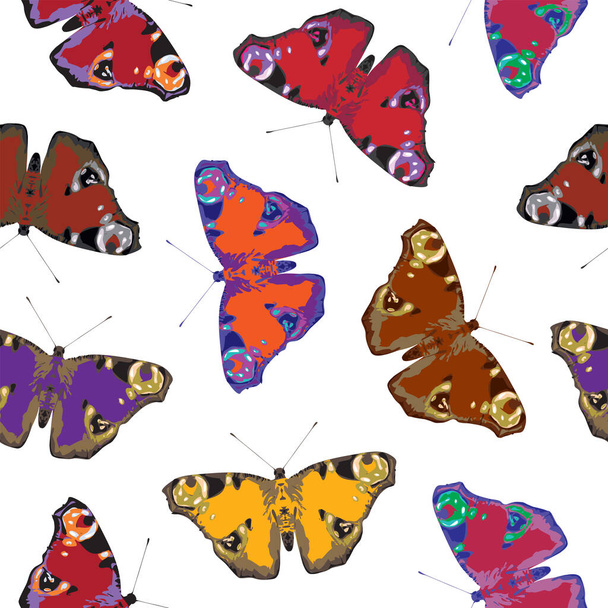 Beautiful seamless pattern with colorful peacock eye butterflies on a light backdrop. Summer vector background with realistic butterflies. Suitable for fabric, wrapping paper, wallpaper design - Vektori, kuva