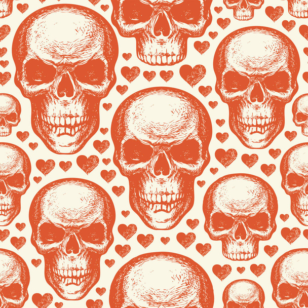 Seamless pattern with sinister human skulls and cute hearts in retro style. Vector background with orange hand-drawn skulls on a beige. Graphic print for clothing, fabric, wallpaper, wrapping paper - Vektör, Görsel