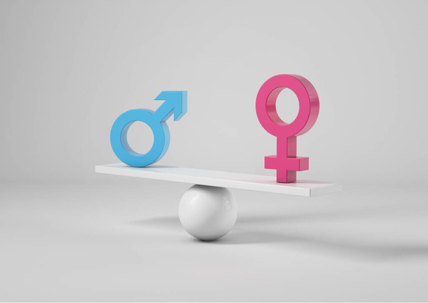 Uomo e donna firmano su una scala, concetto di uguaglianza di genere - Vettoriali, immagini