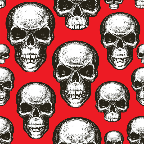 Seamless pattern with black-white skulls on a red backdrop. Vector background with hand-drawn human skulls. Graphic print for clothes, fabric, wallpaper, wrapping paper, halloween party design element - ベクター画像