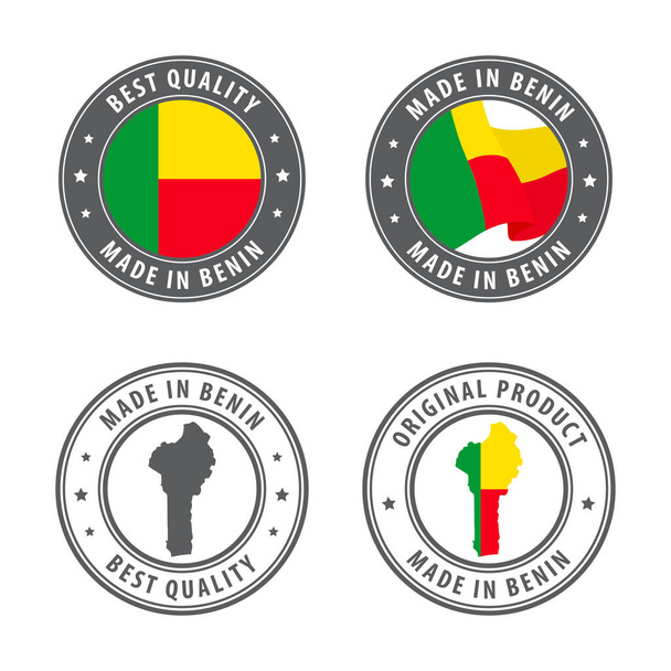 Gemaakt in Benin - set etiketten, stempels, badges, met de Benin kaart en vlag. Beste kwaliteit. Oorspronkelijk product. Vectorillustratie - Vector, afbeelding