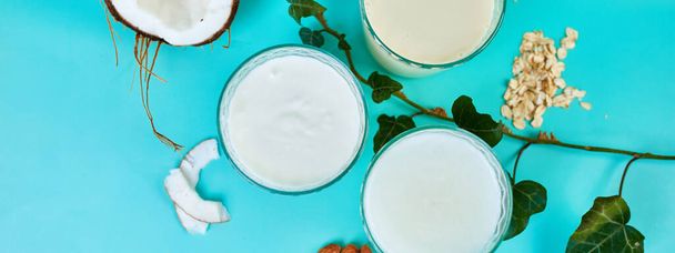 Banner of Various vegan plant based milk and ingredients, non-dairy milk, alternative types of vegan milks in glasses on a blue background , flat lay, top view with copy space - Foto, afbeelding