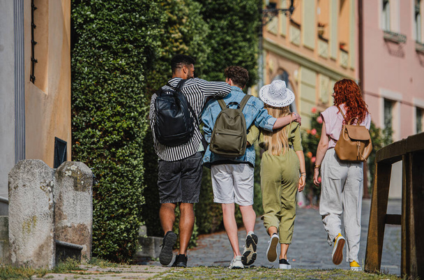 Rear view of group of happy young people outdoors on trip in town, walking arm in arm. - Fotografie, Obrázek