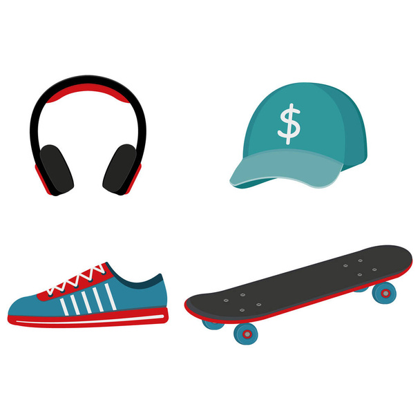 Sada skateboardista čepice, skateboard, sluchátka, tenisky, izolované ilustrace na bílém pozadí. - Vektor, obrázek